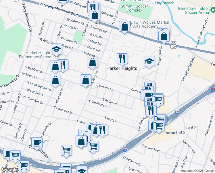 map of restaurants, bars, coffee shops, grocery stores, and more near 218 Clore Road in Harker Heights
