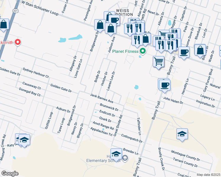 map of restaurants, bars, coffee shops, grocery stores, and more near 5402 Lauren Lea Drive in Killeen