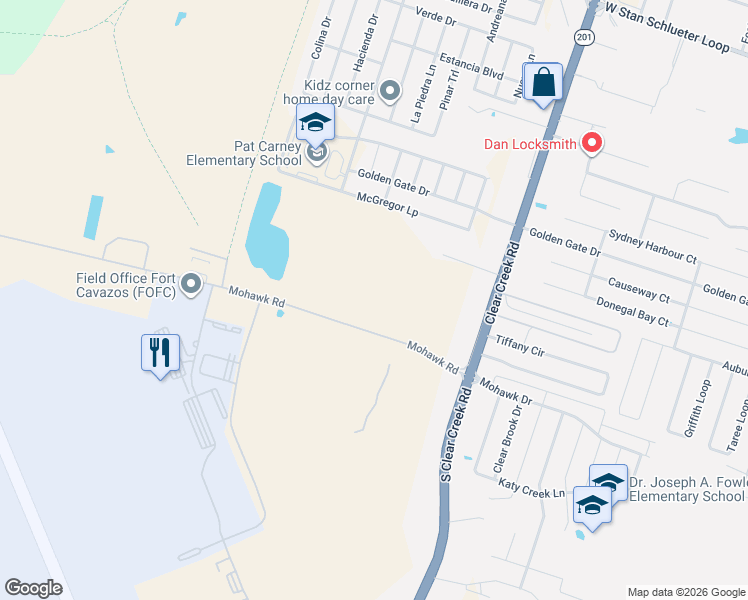 map of restaurants, bars, coffee shops, grocery stores, and more near Mohawk Road in Killeen