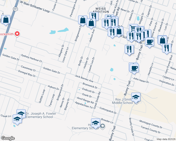 map of restaurants, bars, coffee shops, grocery stores, and more near 5407 Lauren Lea Drive in Killeen