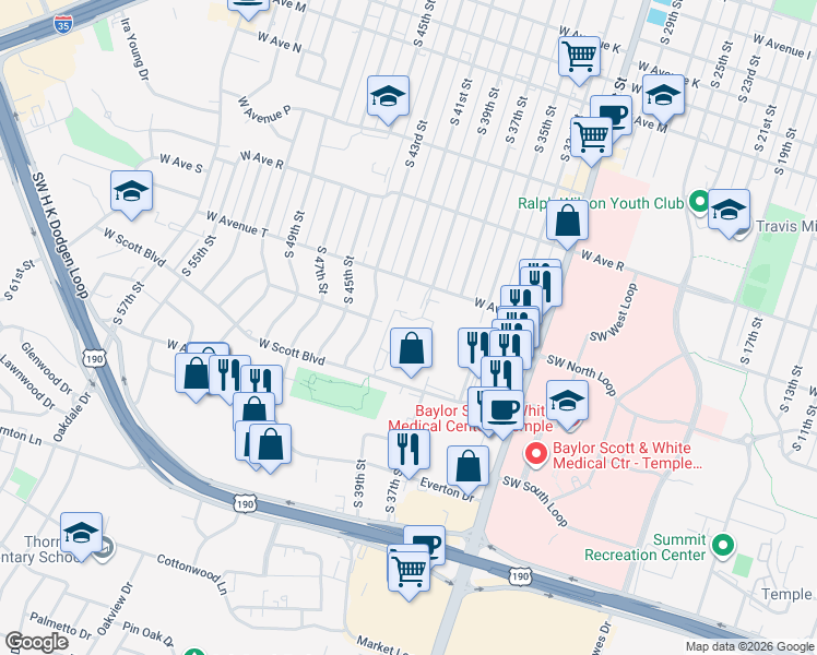 map of restaurants, bars, coffee shops, grocery stores, and more near 2109 South 43rd Street in Temple