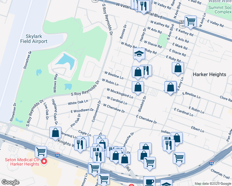 map of restaurants, bars, coffee shops, grocery stores, and more near 207 West Mockingbird Lane in Harker Heights