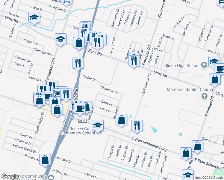 map of restaurants, bars, coffee shops, grocery stores, and more near 406 Sladecek Drive in Killeen