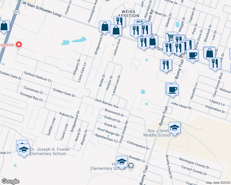 map of restaurants, bars, coffee shops, grocery stores, and more near 5308 Lauren Lea Drive in Killeen