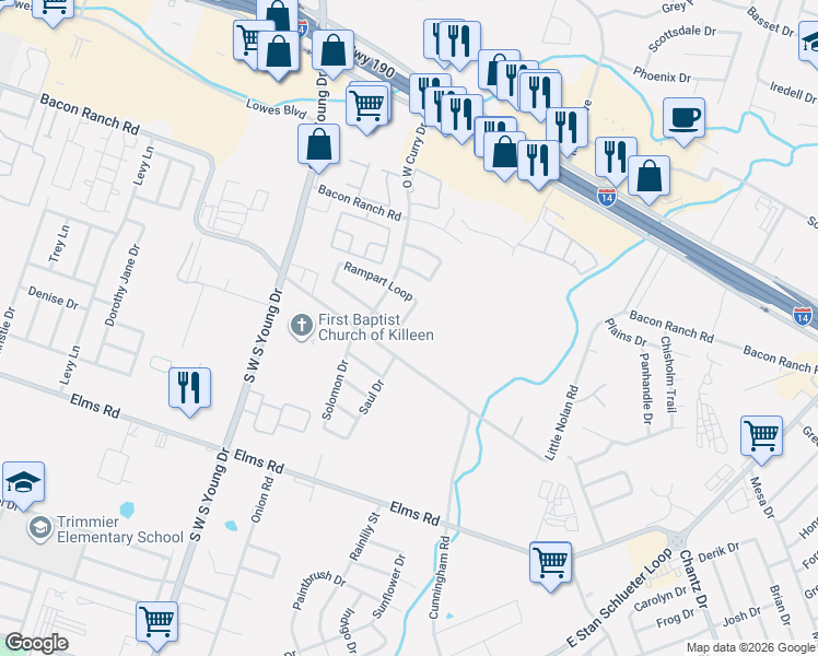 map of restaurants, bars, coffee shops, grocery stores, and more near 3209 Rampart Loop in Killeen