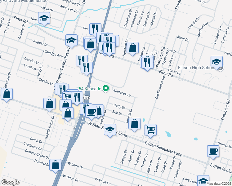 map of restaurants, bars, coffee shops, grocery stores, and more near 605 Sladecek Drive in Killeen