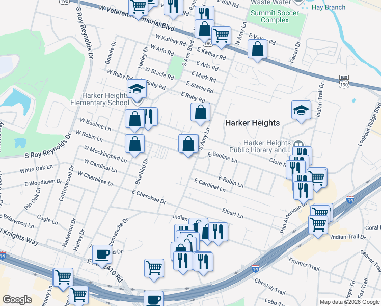 map of restaurants, bars, coffee shops, grocery stores, and more near 39 East Beeline Lane in Harker Heights