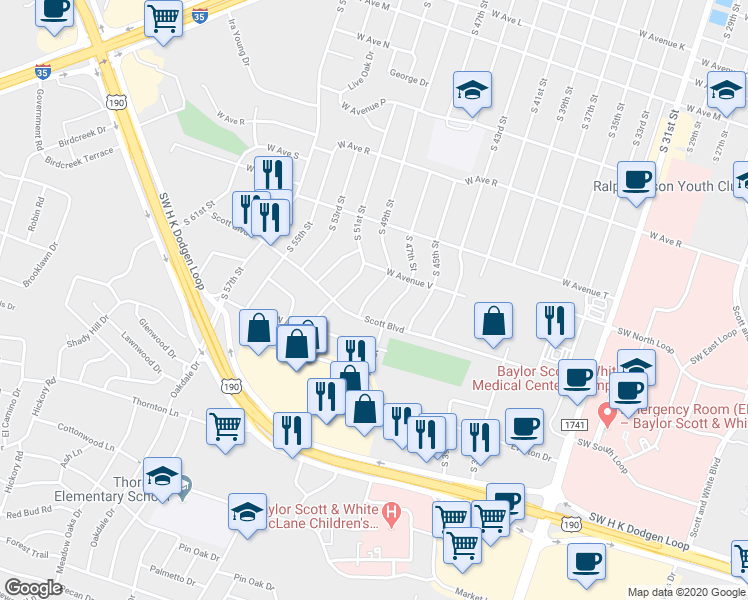 map of restaurants, bars, coffee shops, grocery stores, and more near 2221 South 49th Street in Temple
