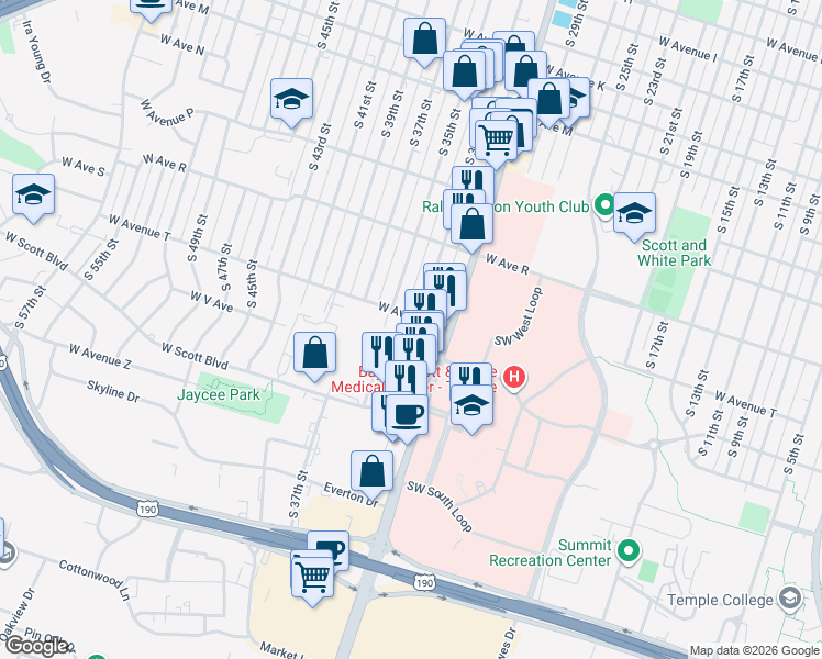 map of restaurants, bars, coffee shops, grocery stores, and more near 2012 South 31st Street in Temple
