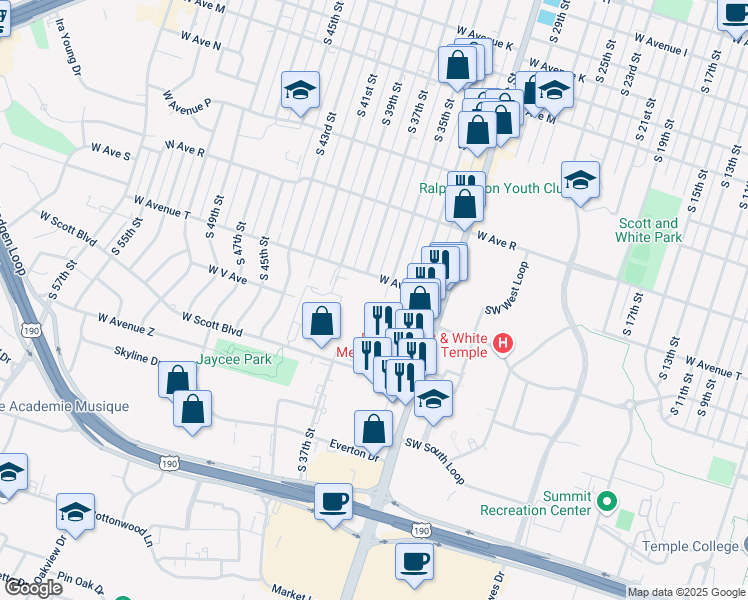 map of restaurants, bars, coffee shops, grocery stores, and more near 2012 South 31st Street in Temple