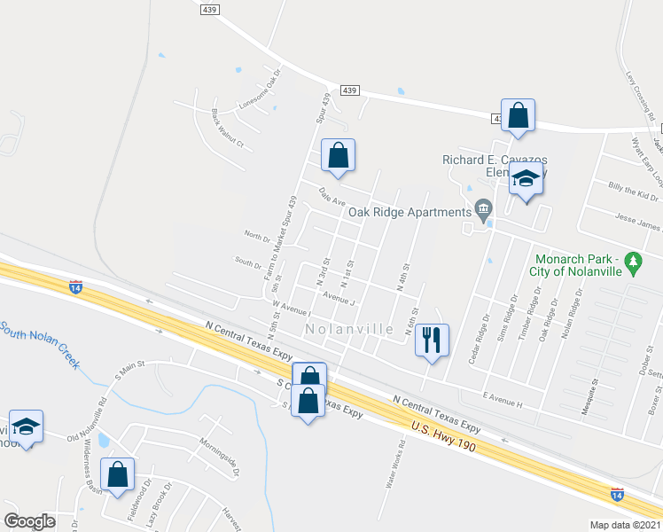 map of restaurants, bars, coffee shops, grocery stores, and more near 500 North 3rd Street in Nolanville