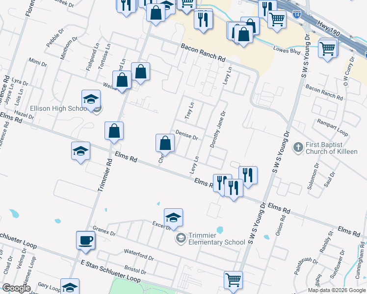 map of restaurants, bars, coffee shops, grocery stores, and more near 3609 Julia Lane in Killeen