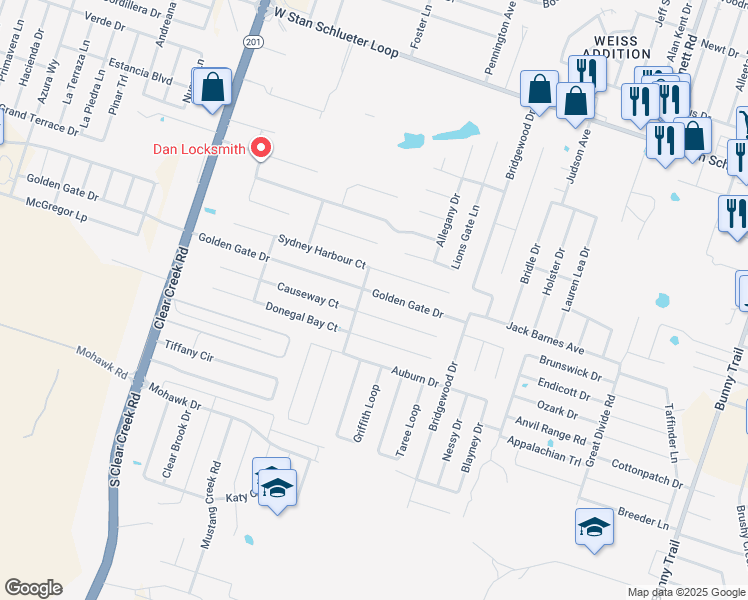 map of restaurants, bars, coffee shops, grocery stores, and more near 4708 Golden Gate Drive in Killeen