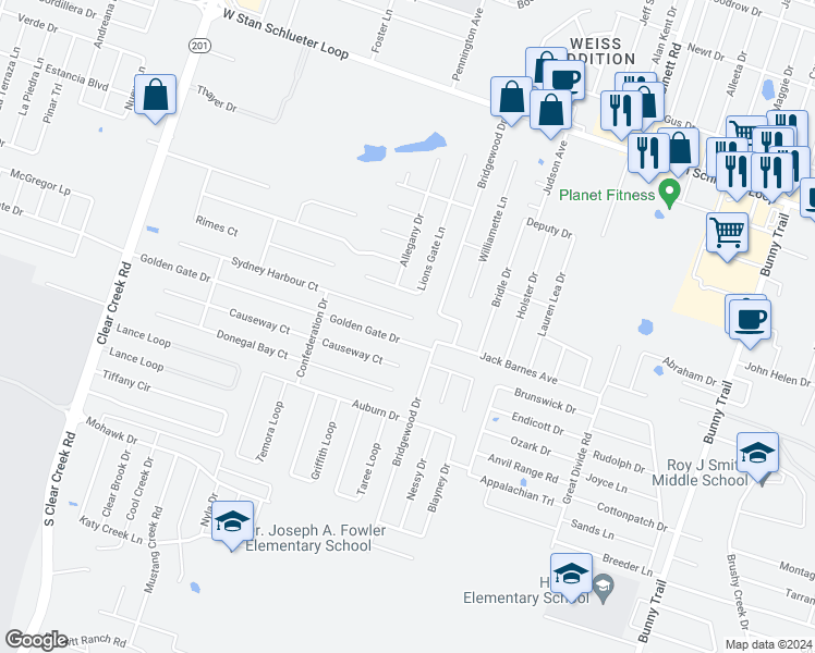 map of restaurants, bars, coffee shops, grocery stores, and more near 4408 Sydney Harbour Court in Killeen