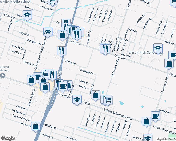 map of restaurants, bars, coffee shops, grocery stores, and more near 406 Sladecek Drive in Killeen