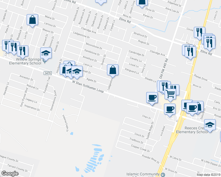 map of restaurants, bars, coffee shops, grocery stores, and more near 4610 Ledgestone Drive in Killeen