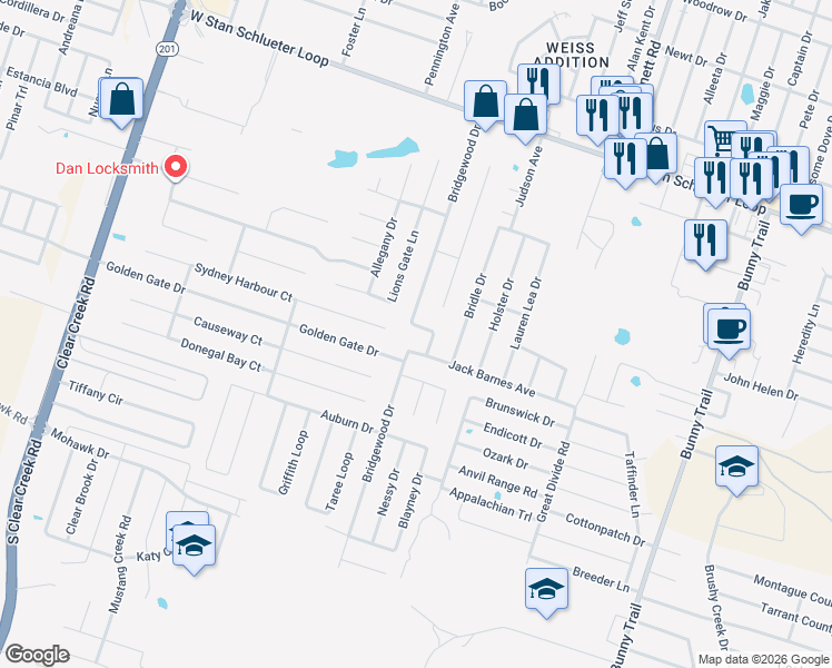 map of restaurants, bars, coffee shops, grocery stores, and more near 5412 Bridgewood Drive in Killeen