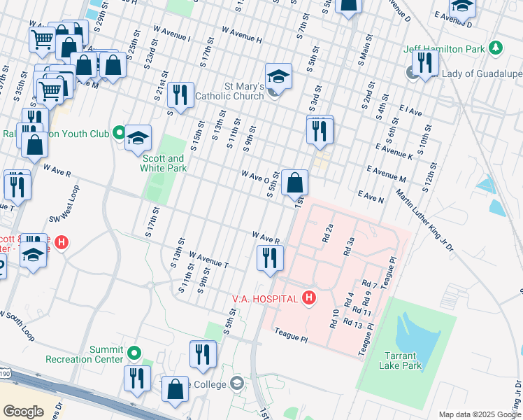 map of restaurants, bars, coffee shops, grocery stores, and more near 1614 South 5th Street in Temple