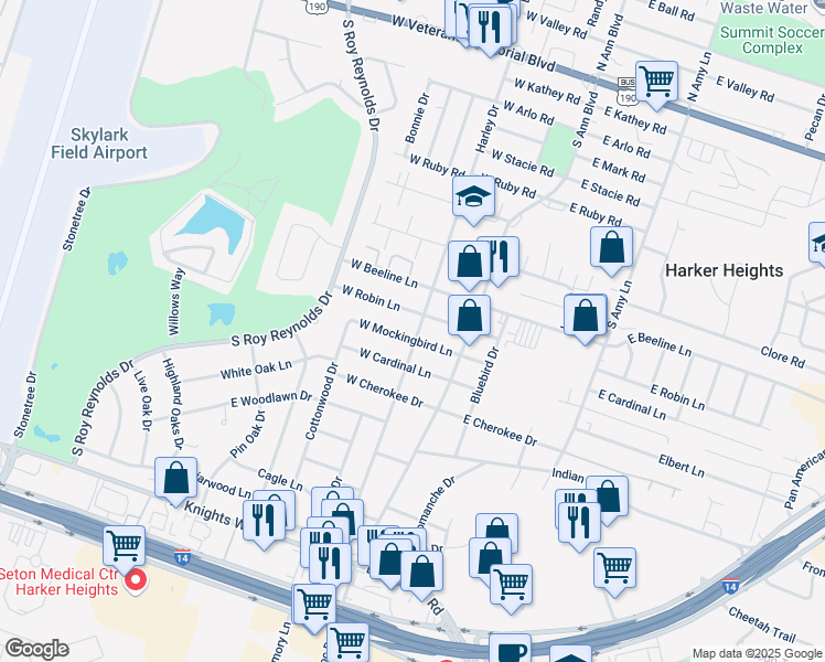 map of restaurants, bars, coffee shops, grocery stores, and more near 207 West Mockingbird Lane in Harker Heights