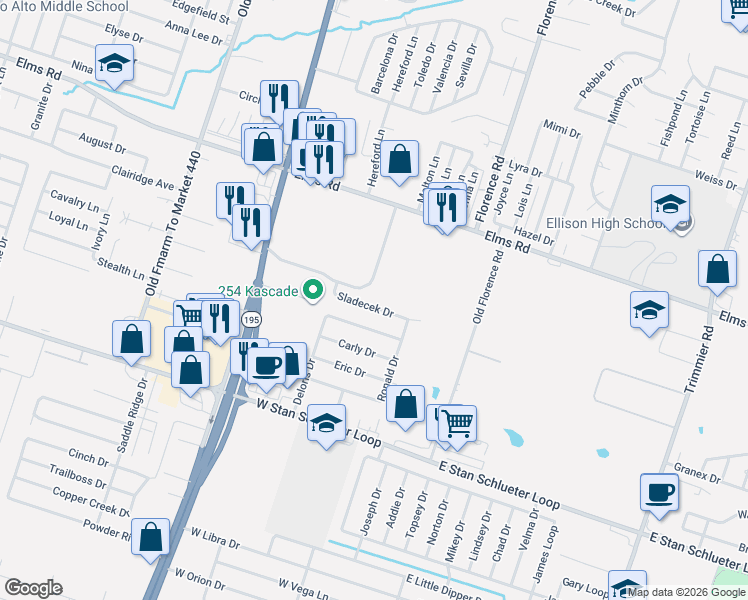 map of restaurants, bars, coffee shops, grocery stores, and more near 406 Sladecek Drive in Killeen
