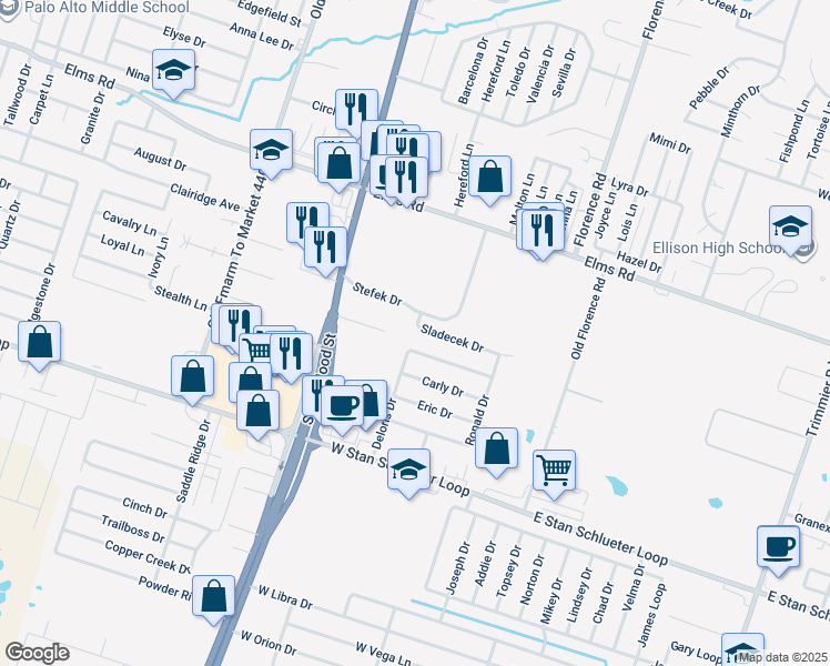 map of restaurants, bars, coffee shops, grocery stores, and more near 605 Sladecek Drive in Killeen