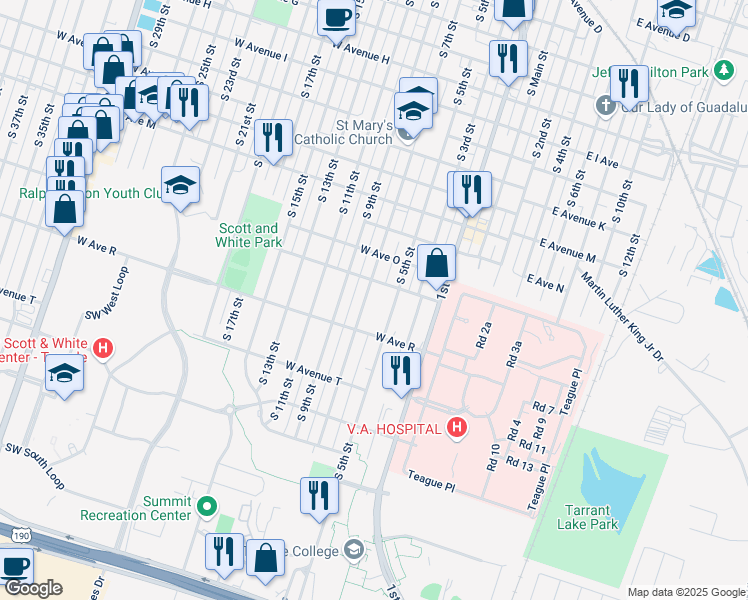 map of restaurants, bars, coffee shops, grocery stores, and more near 1614 South 5th Street in Temple