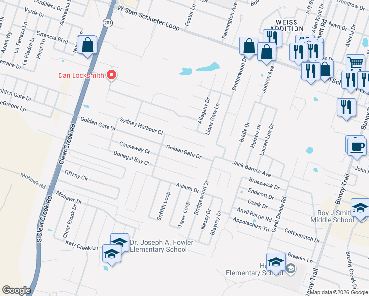 map of restaurants, bars, coffee shops, grocery stores, and more near 4603 Golden Gate Drive in Killeen