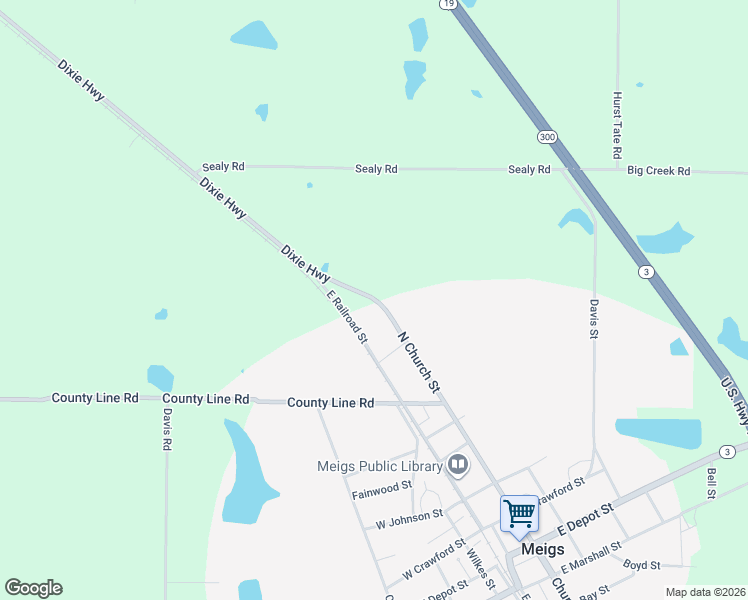 map of restaurants, bars, coffee shops, grocery stores, and more near 8095 North Church Street in Meigs