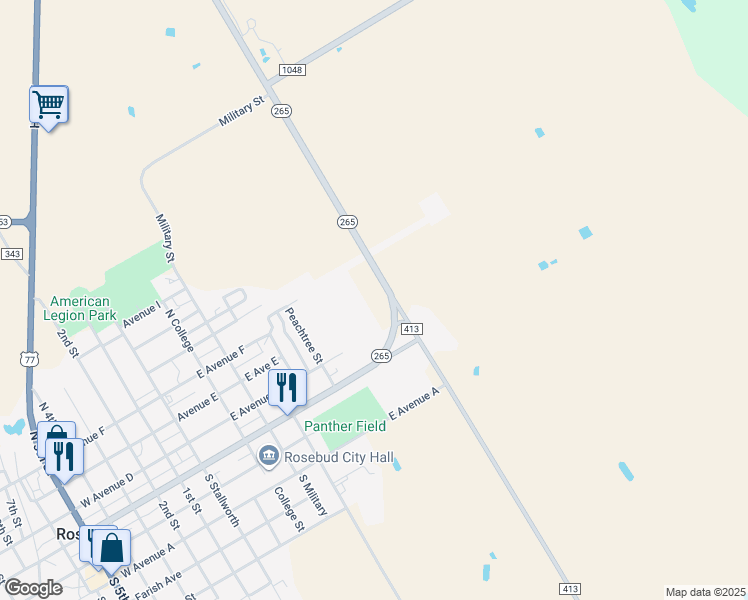 map of restaurants, bars, coffee shops, grocery stores, and more near 159 Texas 265 Loop in Rosebud