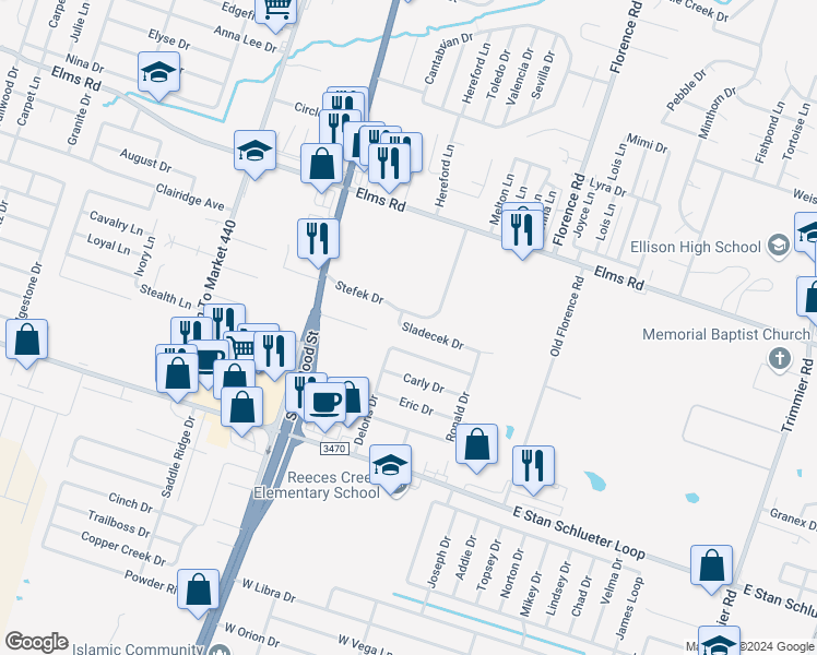 map of restaurants, bars, coffee shops, grocery stores, and more near 302 Sladecek Drive in Killeen