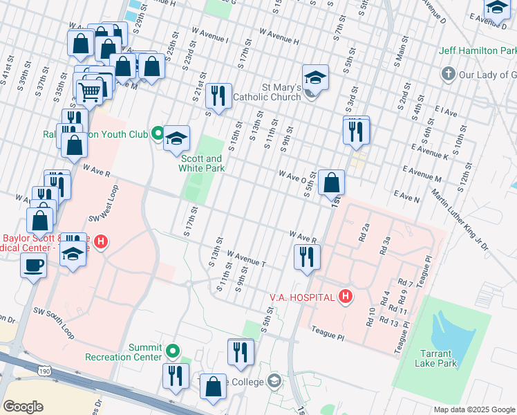 map of restaurants, bars, coffee shops, grocery stores, and more near 1711 South 11th Street in Temple