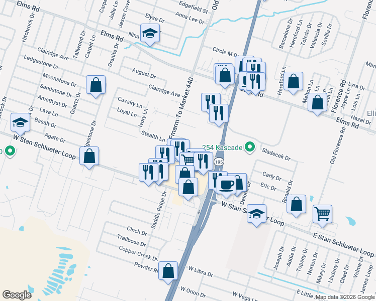 map of restaurants, bars, coffee shops, grocery stores, and more near 1101 Horizon Drive in Killeen