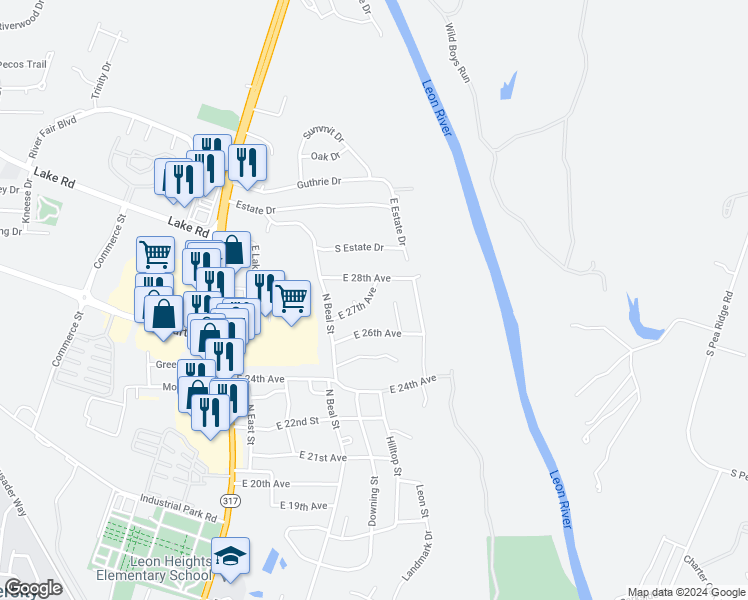 map of restaurants, bars, coffee shops, grocery stores, and more near 607 East 27th Avenue in Belton