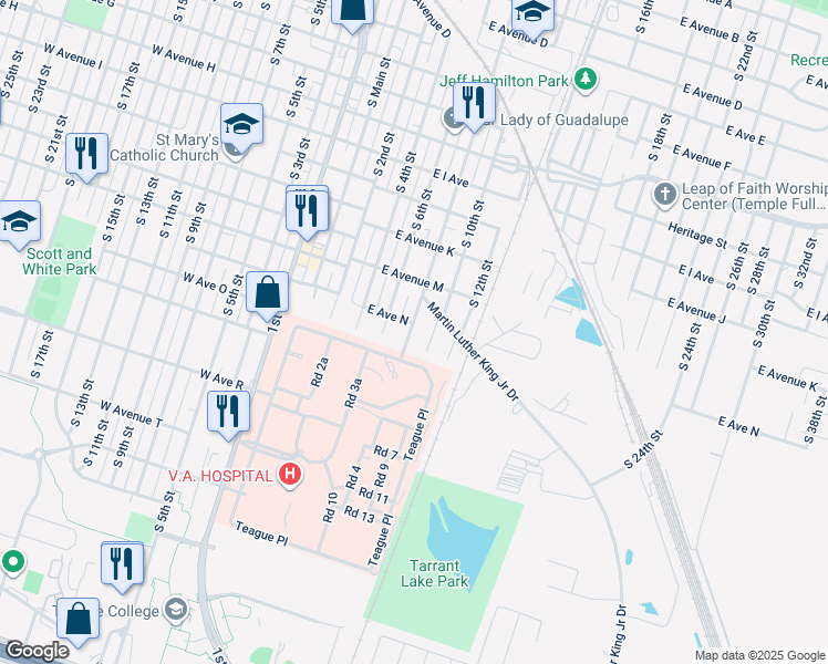 map of restaurants, bars, coffee shops, grocery stores, and more near 1403 South 8th Street in Temple
