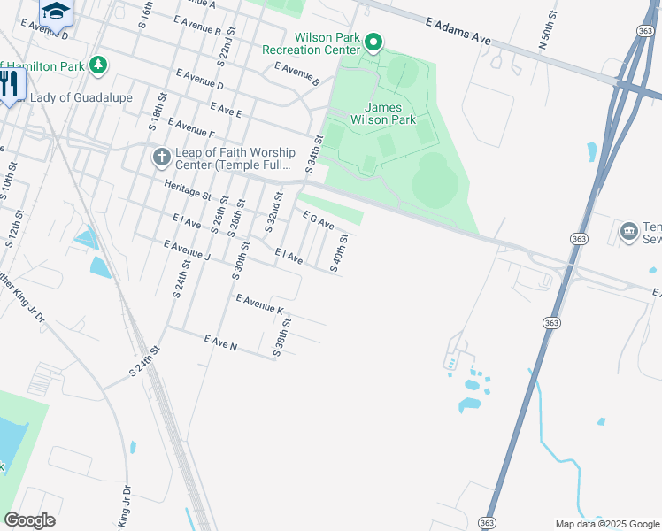 map of restaurants, bars, coffee shops, grocery stores, and more near 916 South 40th Street in Temple