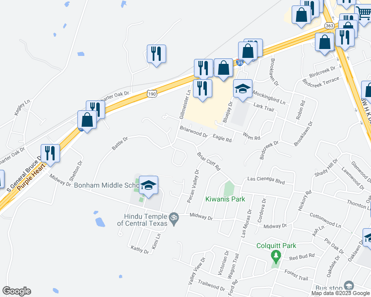 map of restaurants, bars, coffee shops, grocery stores, and more near 4502 Arrowhead Drive in Temple