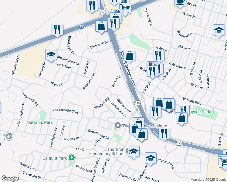map of restaurants, bars, coffee shops, grocery stores, and more near 3310 Shady Hill Drive in Temple