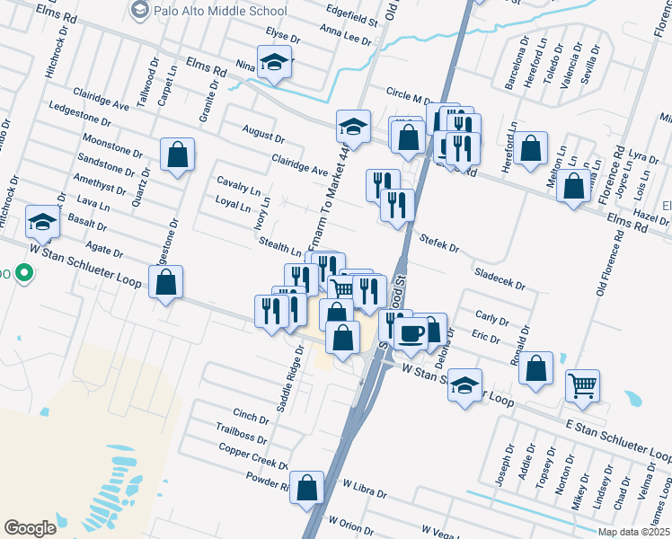map of restaurants, bars, coffee shops, grocery stores, and more near 1101 Horizon Drive in Killeen