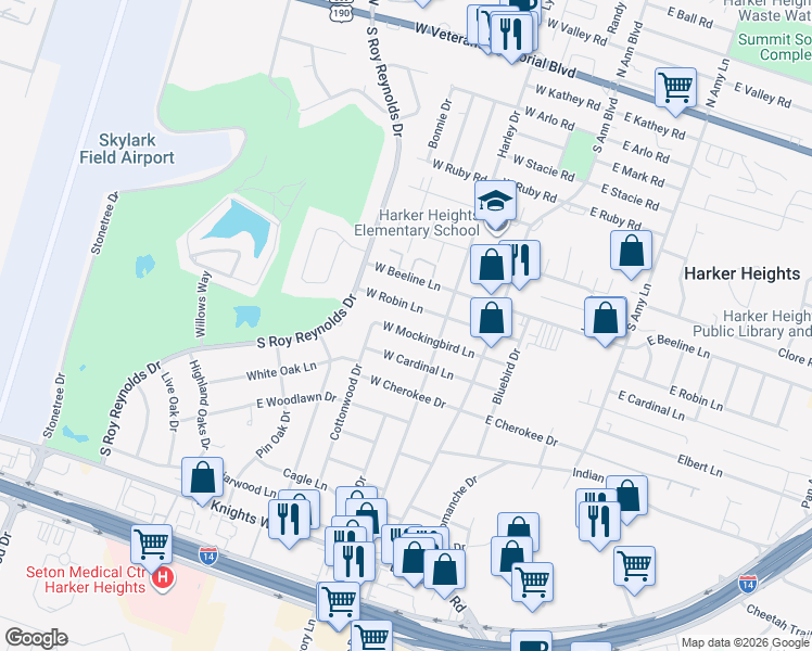 map of restaurants, bars, coffee shops, grocery stores, and more near 207 West Mockingbird Lane in Harker Heights