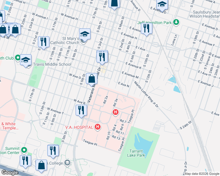 map of restaurants, bars, coffee shops, grocery stores, and more near 207 Teague Place in Temple