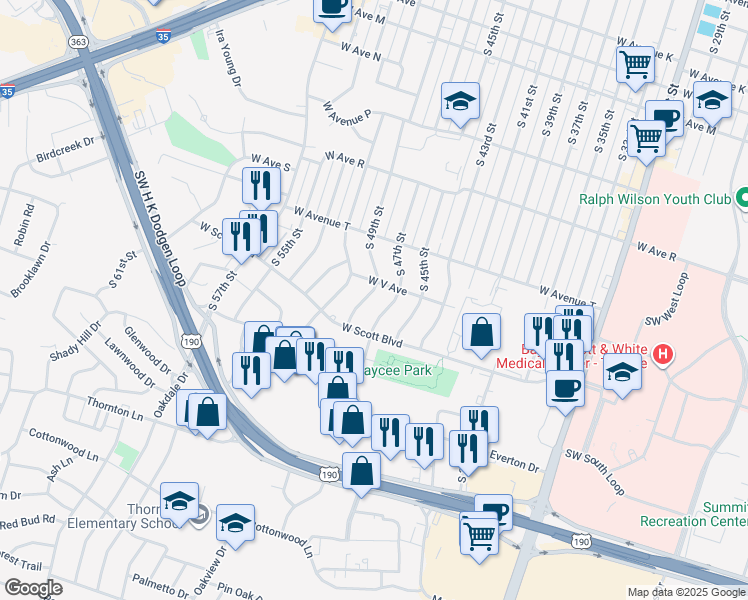 map of restaurants, bars, coffee shops, grocery stores, and more near 2221 South 49th Street in Temple