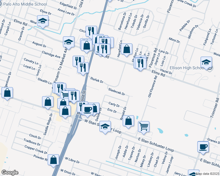 map of restaurants, bars, coffee shops, grocery stores, and more near 605 Sladecek Drive in Killeen