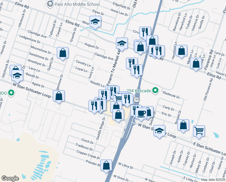 map of restaurants, bars, coffee shops, grocery stores, and more near 1112 Horizon Drive in Killeen