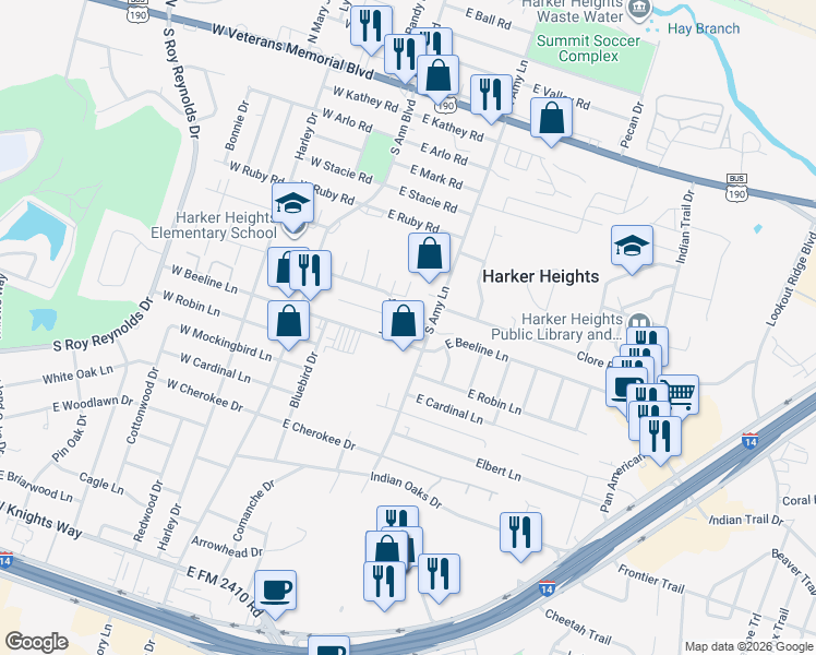 map of restaurants, bars, coffee shops, grocery stores, and more near 39 East Beeline Lane in Harker Heights