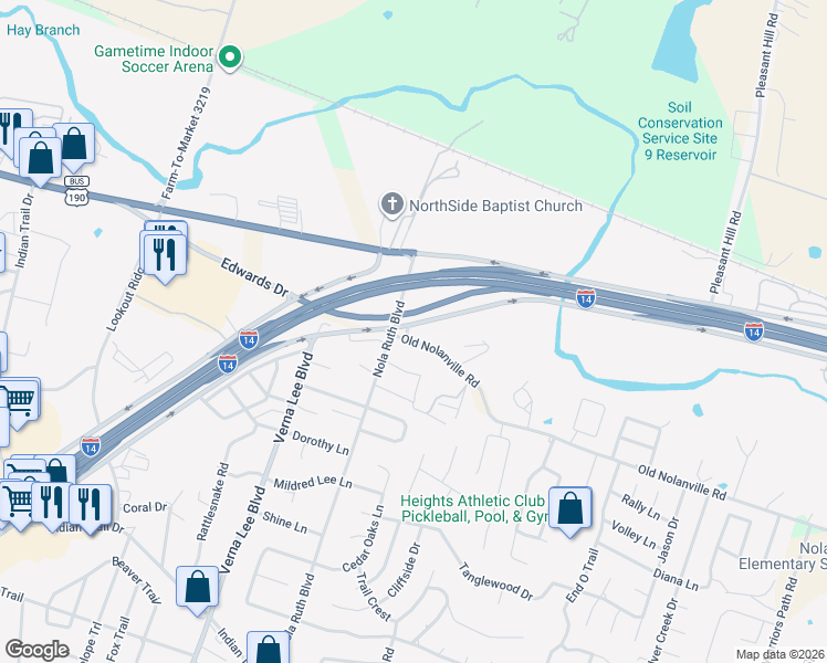 map of restaurants, bars, coffee shops, grocery stores, and more near 641 Central Texas Expressway in Nolanville