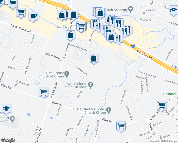 map of restaurants, bars, coffee shops, grocery stores, and more near 3205 Rampart Loop in Killeen