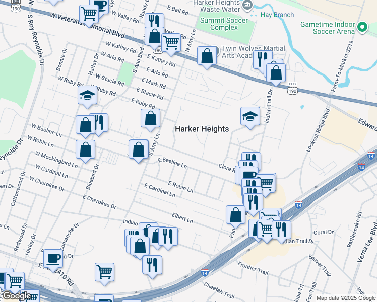 map of restaurants, bars, coffee shops, grocery stores, and more near 326 Clore Road in Harker Heights