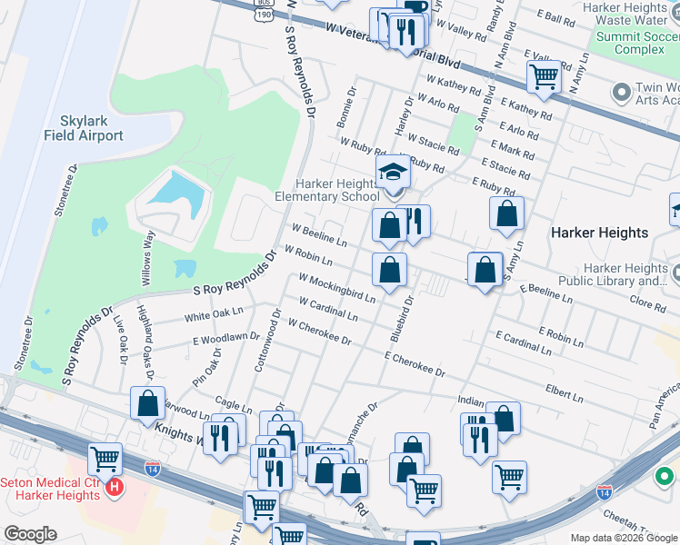 map of restaurants, bars, coffee shops, grocery stores, and more near 207 West Mockingbird Lane in Harker Heights