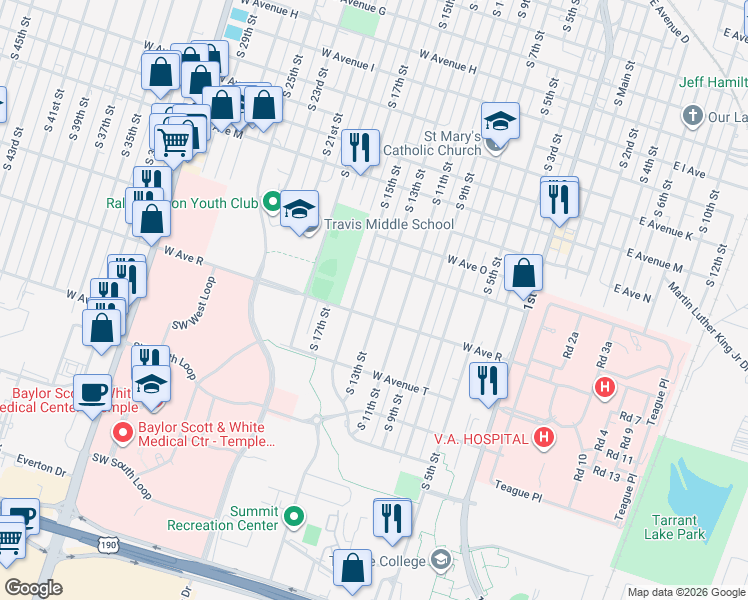 map of restaurants, bars, coffee shops, grocery stores, and more near 1710 South 13th Street in Temple