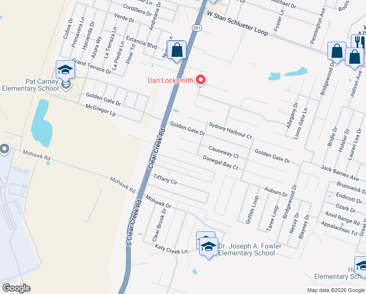 map of restaurants, bars, coffee shops, grocery stores, and more near 5311 Donegal Bay Court in Killeen